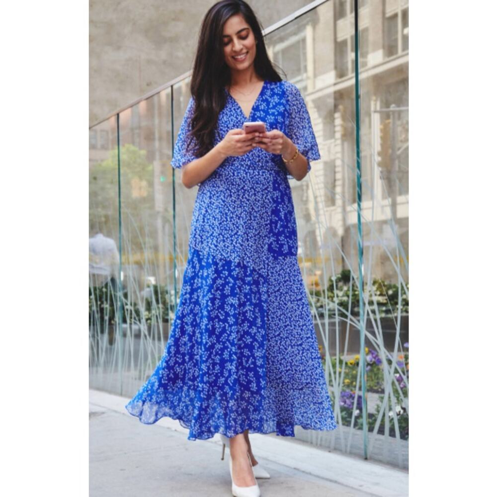 L.K. Bennett‎ London Elif Floaty Silk Faux Wrap Midi Dress Blue Size 10